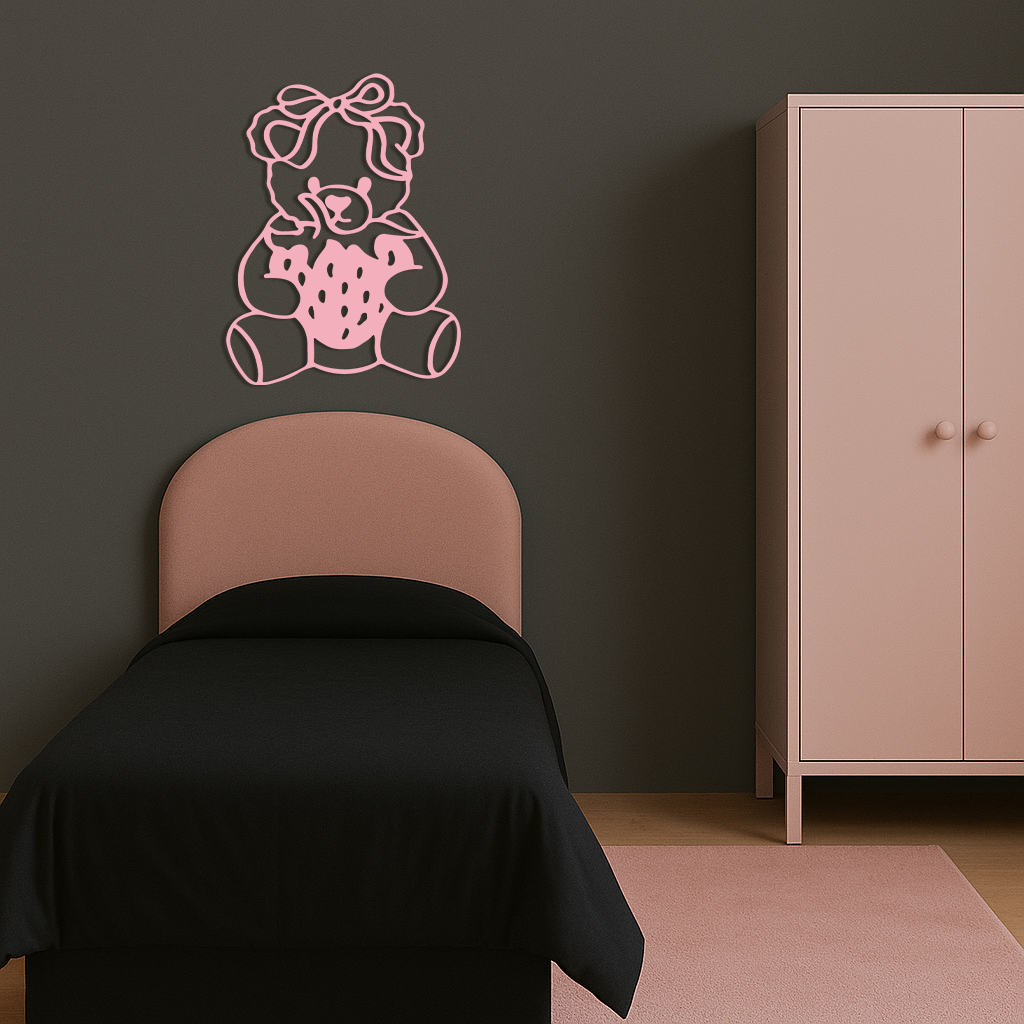 Pink Teddy Bear with Strawberry Metal Wall Art – Cute Bow Design for Kids Room - KAFGP020 - Tampa Home & Garden Store