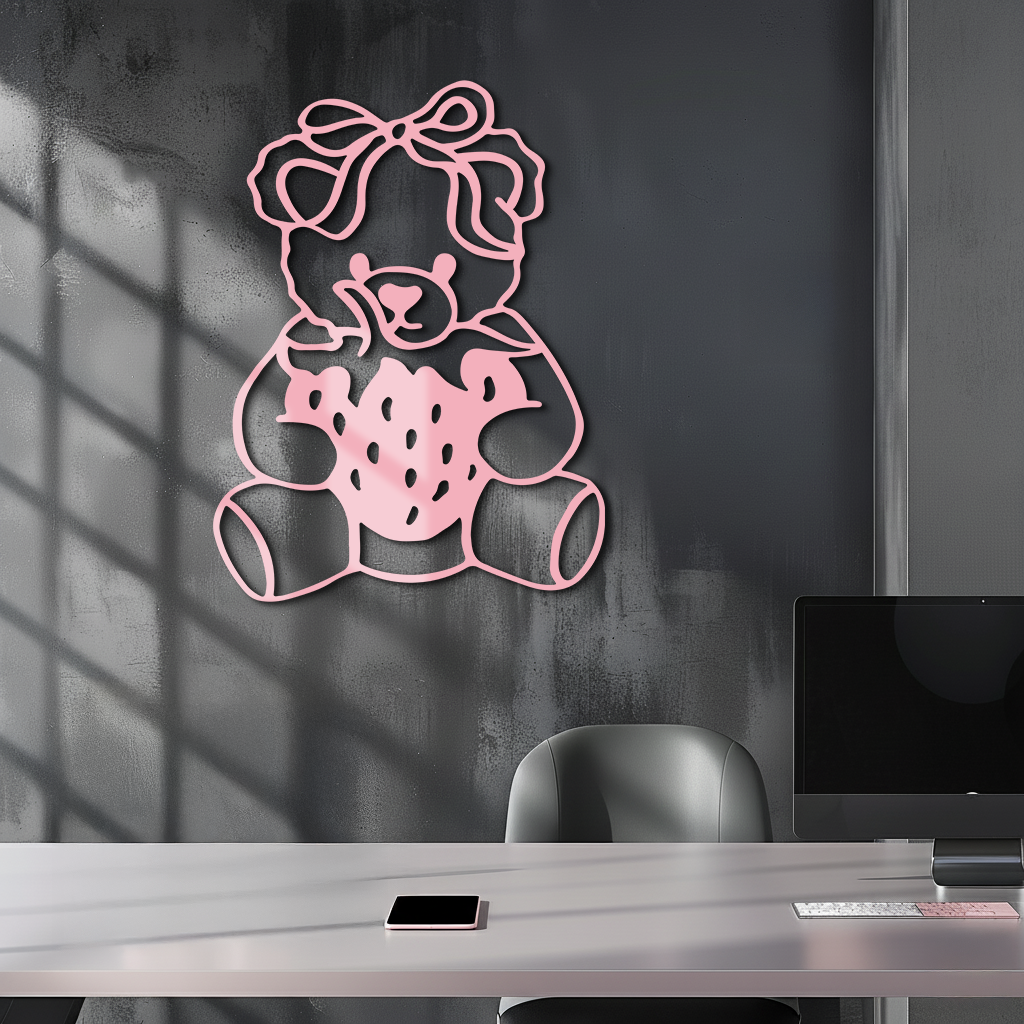 Pink Teddy Bear with Strawberry Metal Wall Art – Cute Bow Design for Kids Room - KAFGP020 - Tampa Home & Garden Store