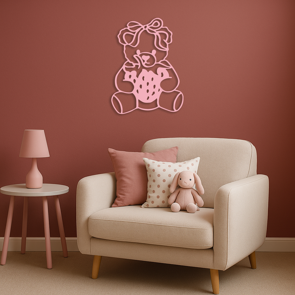 Pink Teddy Bear with Strawberry Metal Wall Art – Cute Bow Design for Kids Room - KAFGP020 - Tampa Home & Garden Store