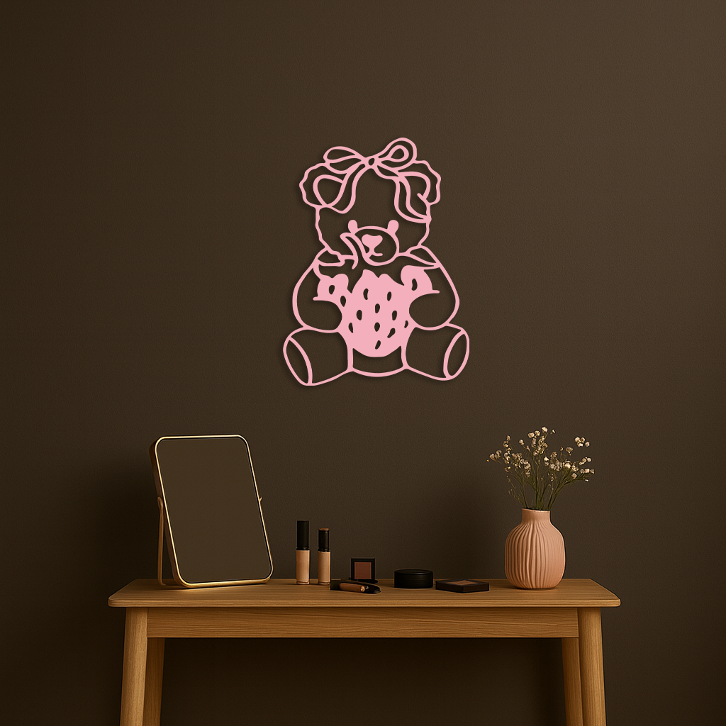 Pink Teddy Bear with Strawberry Metal Wall Art – Cute Bow Design for Kids Room - KAFGP020 - Tampa Home & Garden Store