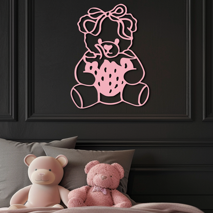 Pink Teddy Bear with Strawberry Metal Wall Art – Cute Bow Design for Kids Room - KAFGP020 - Tampa Home & Garden Store