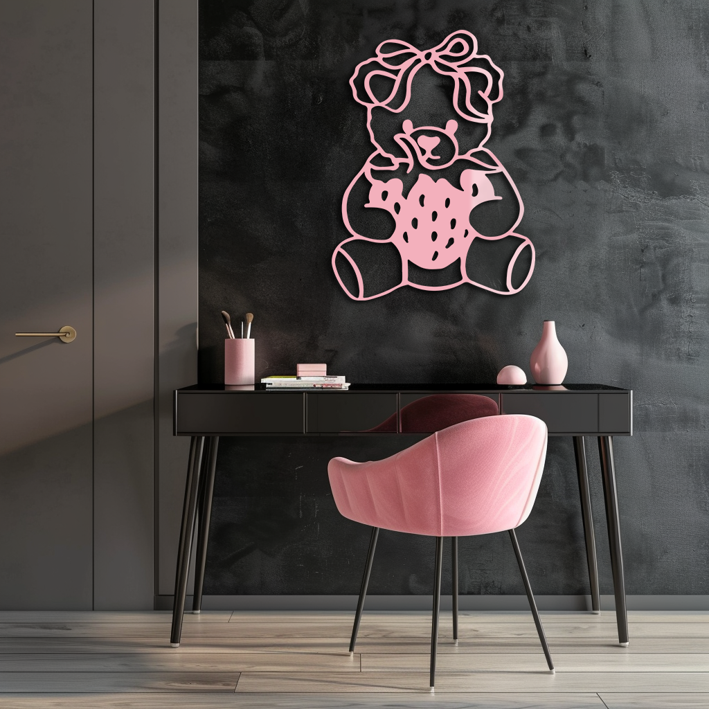 Pink Teddy Bear with Strawberry Metal Wall Art – Cute Bow Design for Kids Room - KAFGP020 - Tampa Home & Garden Store