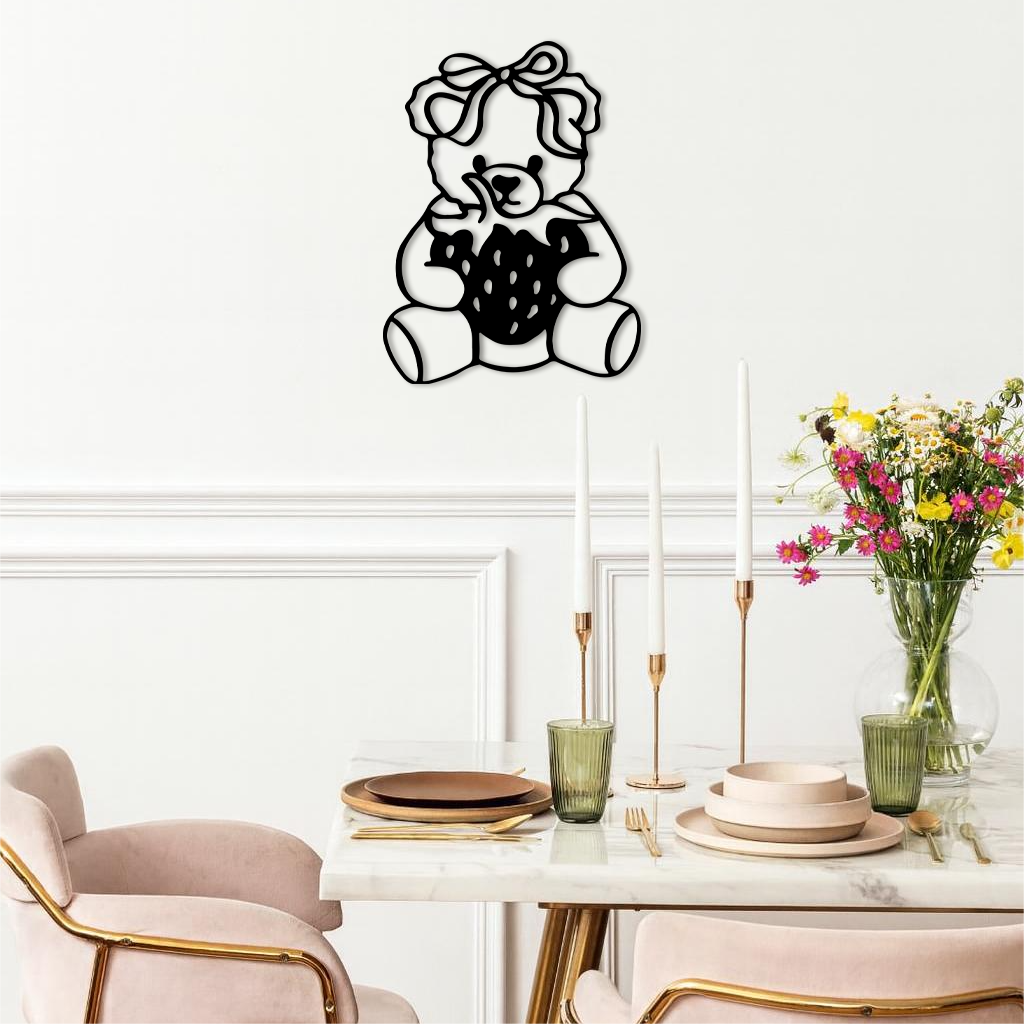 Pink Teddy Bear with Strawberry Metal Wall Art – Cute Bow Design for Kids Room - KAFGP020 - Tampa Home & Garden Store