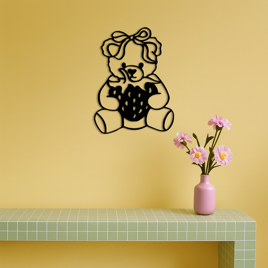 Pink Teddy Bear with Strawberry Metal Wall Art – Cute Bow Design for Kids Room - KAFGP020 - Tampa Home & Garden Store
