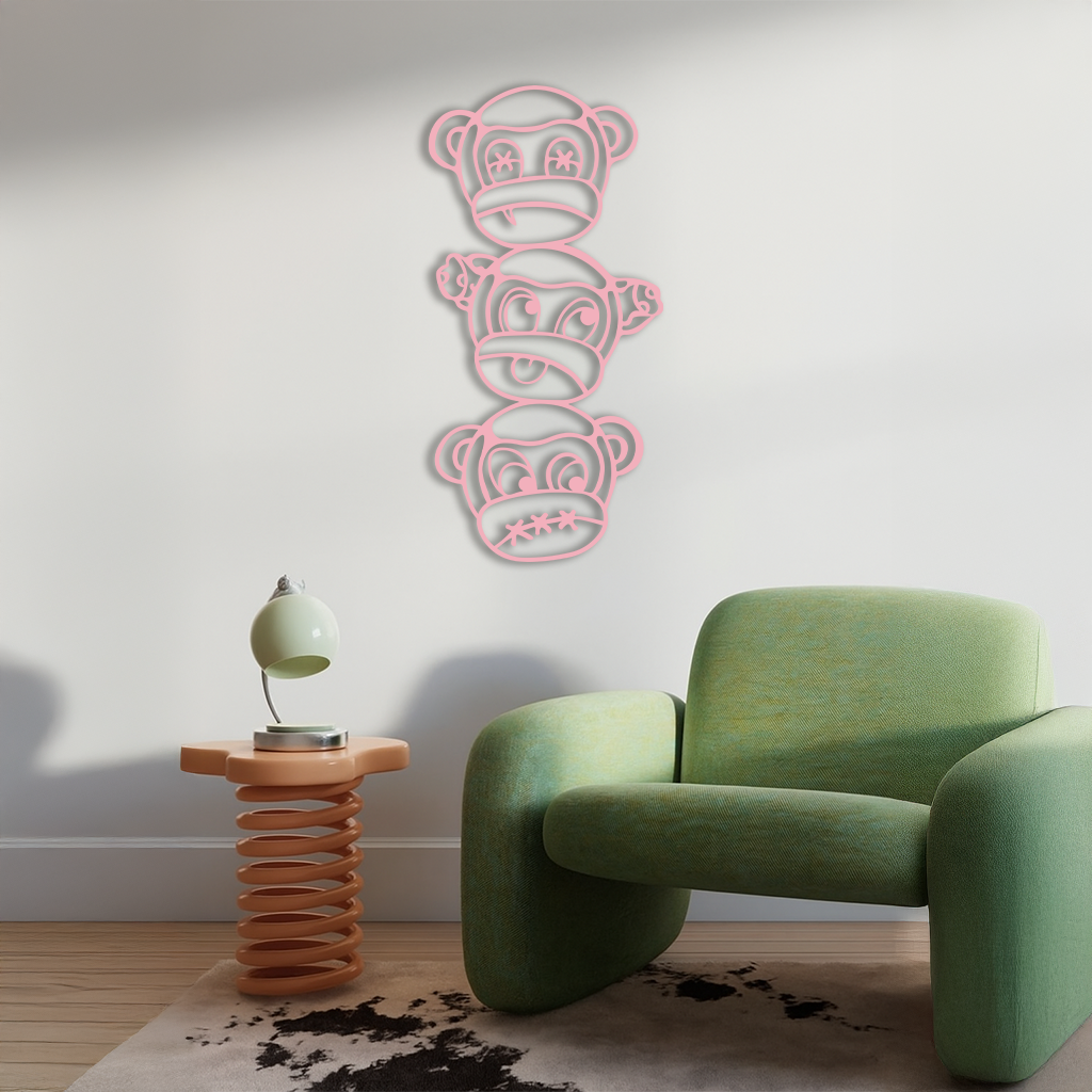 Pink Three Monkeys Metal Wall Art – Playful See No Evil, Hear No Evil, Speak No Evil Design - KAFGP004 - Tampa Home & Garden Store