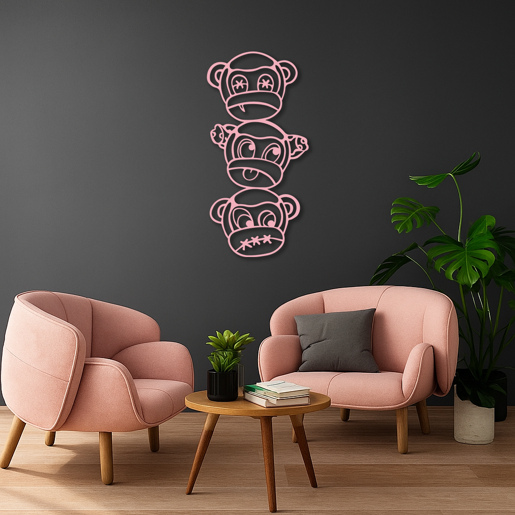 Pink Three Monkeys Metal Wall Art – Playful See No Evil, Hear No Evil, Speak No Evil Design - KAFGP004 - Tampa Home & Garden Store