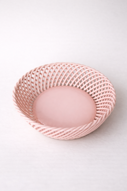 Hand Woven Ceramic Basket in Beige and Pink