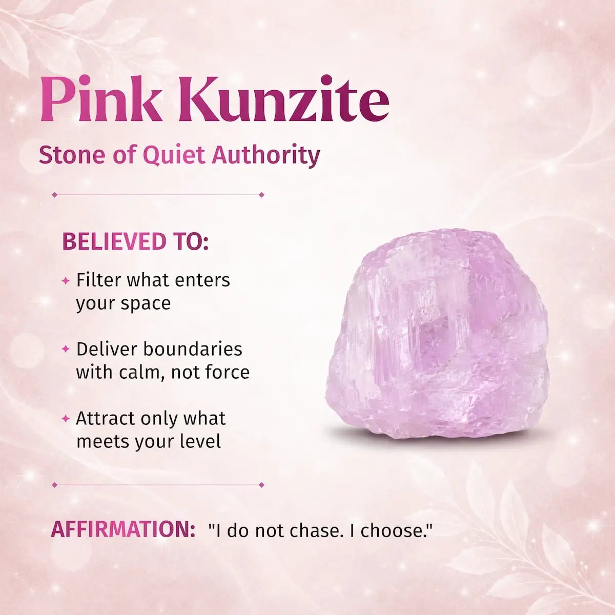 Pink Kunzite pendant necklace by Conscious Items on a soft pink background with a crystal image on Tampa Home & Garden Store