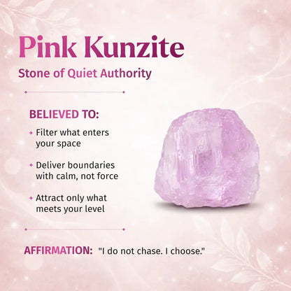 Pink Kunzite pendant necklace by Conscious Items on a soft pink background with a crystal image on Tampa Home & Garden Store