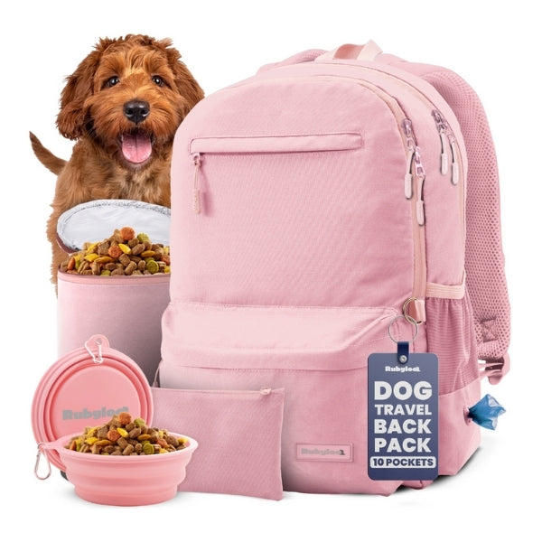 The Original Doggy Bag Backpack for Dog Supplies in pink by Rubyloo 2 travel bowls on Tampa Home & Garden Store