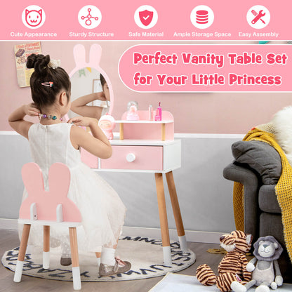 Kids Vanity Table and Chair Set with Drawer Shelf and Rabbit Mirror