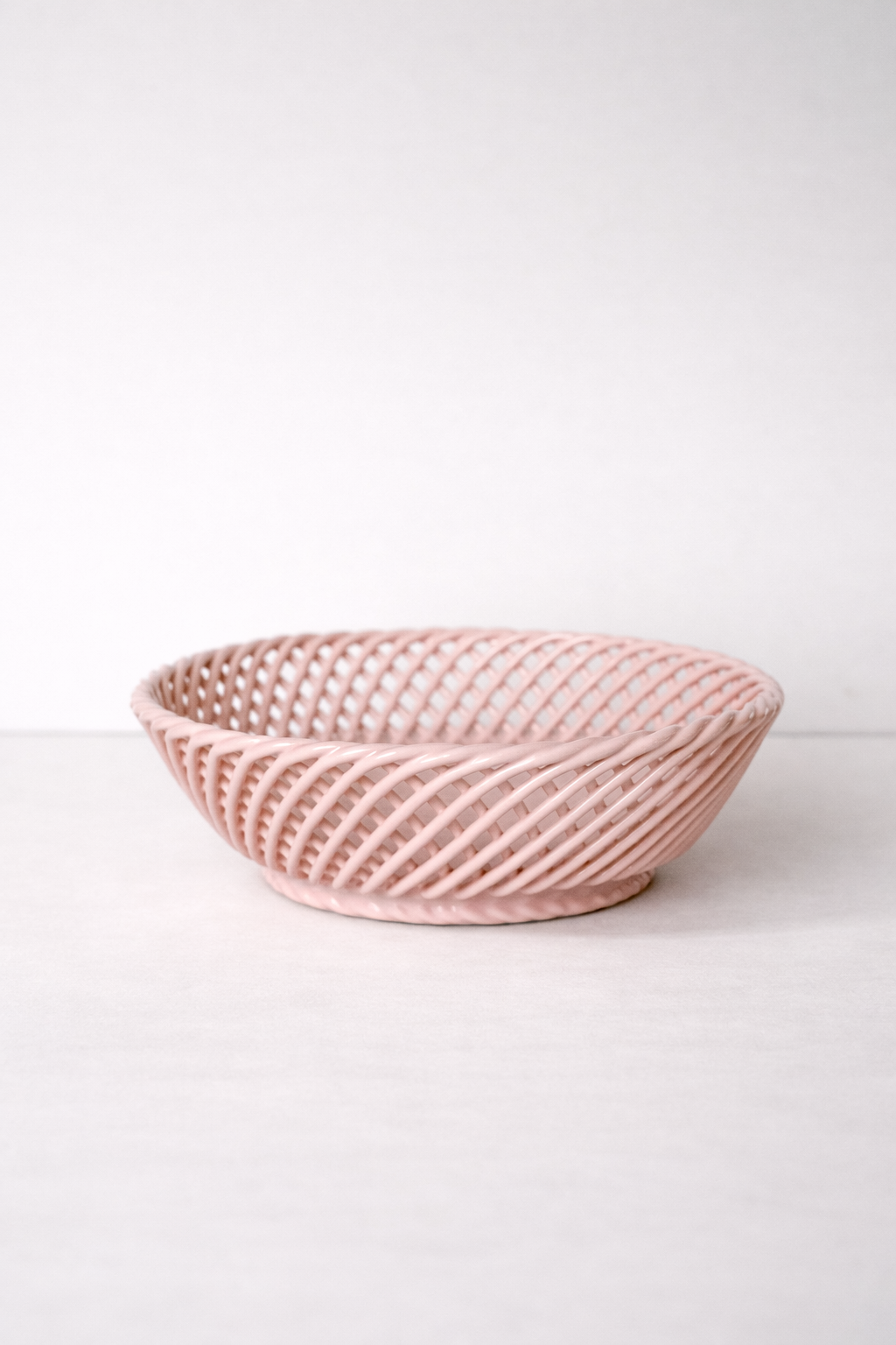 Hand Woven Ceramic Basket in Beige and Pink