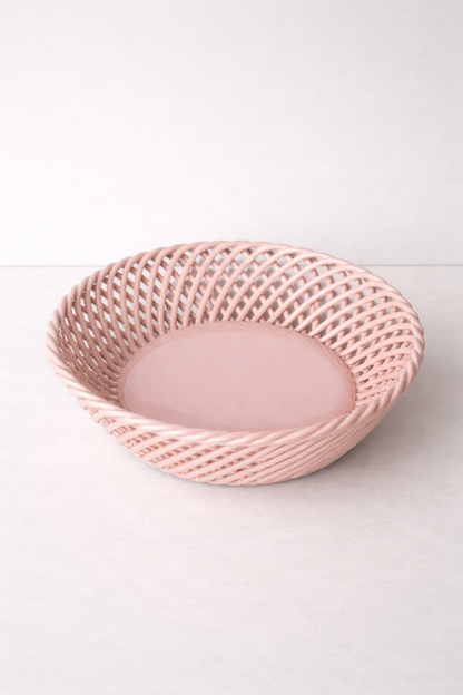 Hand Woven Ceramic Basket in Beige and Pink