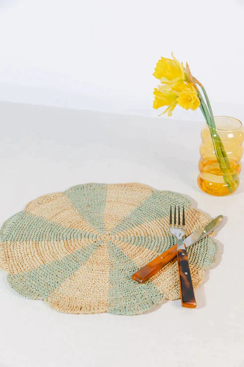 Pinwheel Blue Placemat, raffia tabletop - Tampa Home & Garden Store