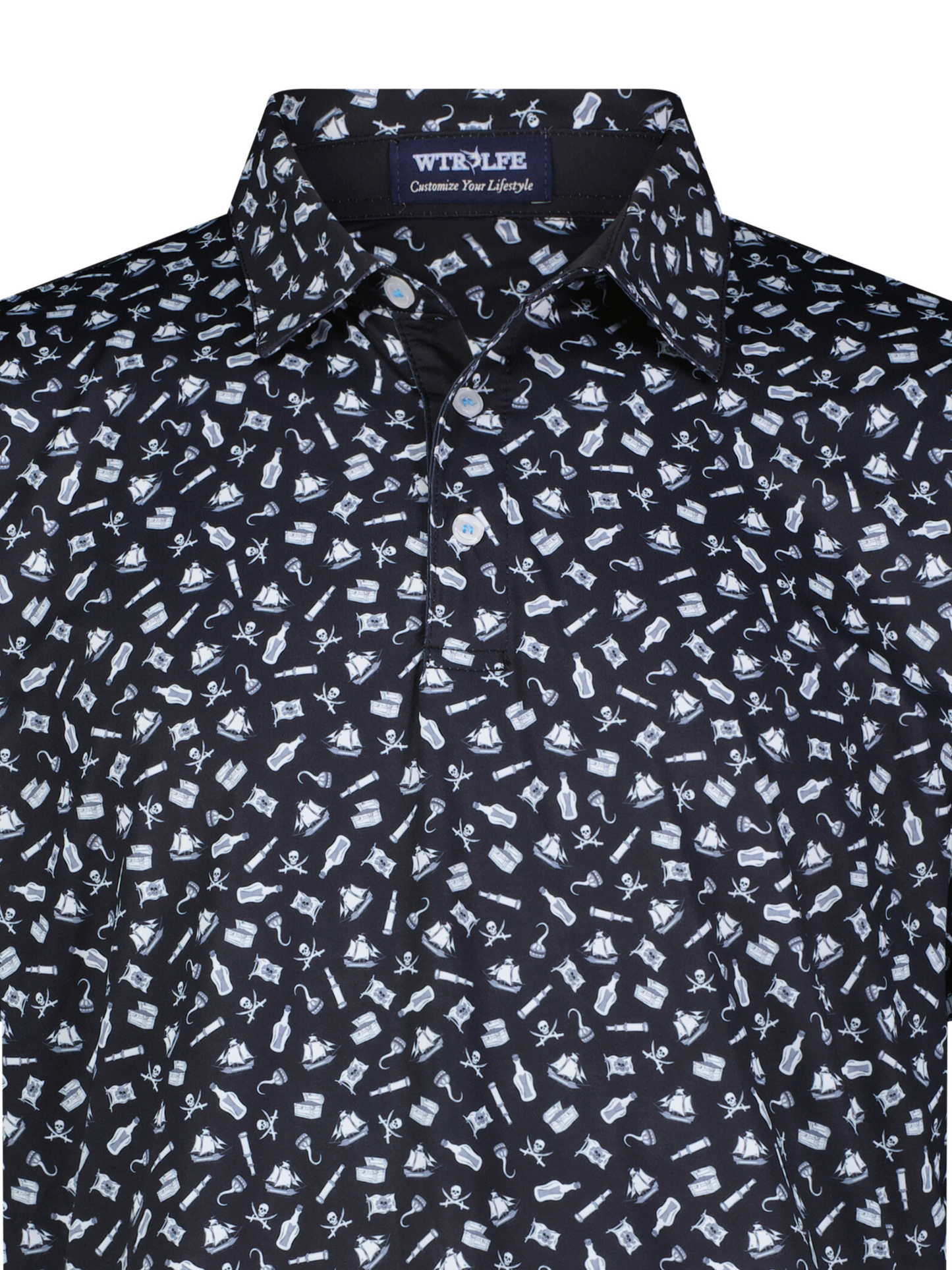 Pirate Polo shirt navy with white pirate-themed print by White Water Life on Tampa Home & Garden Store