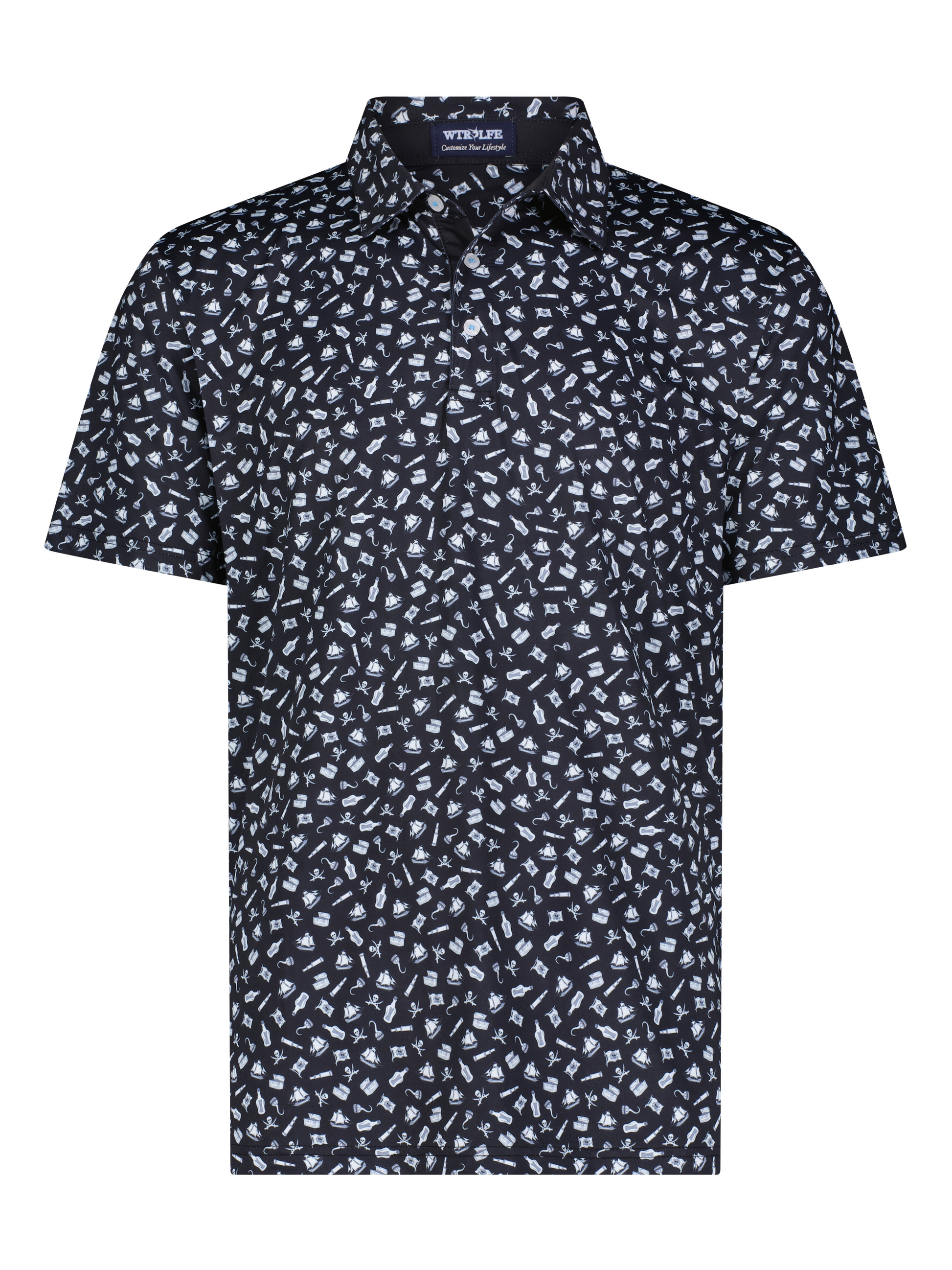 Pirate Polo by White Water Life, navy shirt with white pirate-themed print, short sleeves on Tampa Home & Garden Store