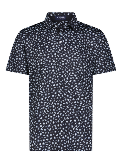 Pirate Polo by White Water Life, navy shirt with white pirate-themed print, short sleeves on Tampa Home & Garden Store