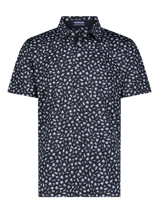 Pirate Polo by White Water Life, navy shirt with white pirate-themed print, short sleeves on Tampa Home & Garden Store