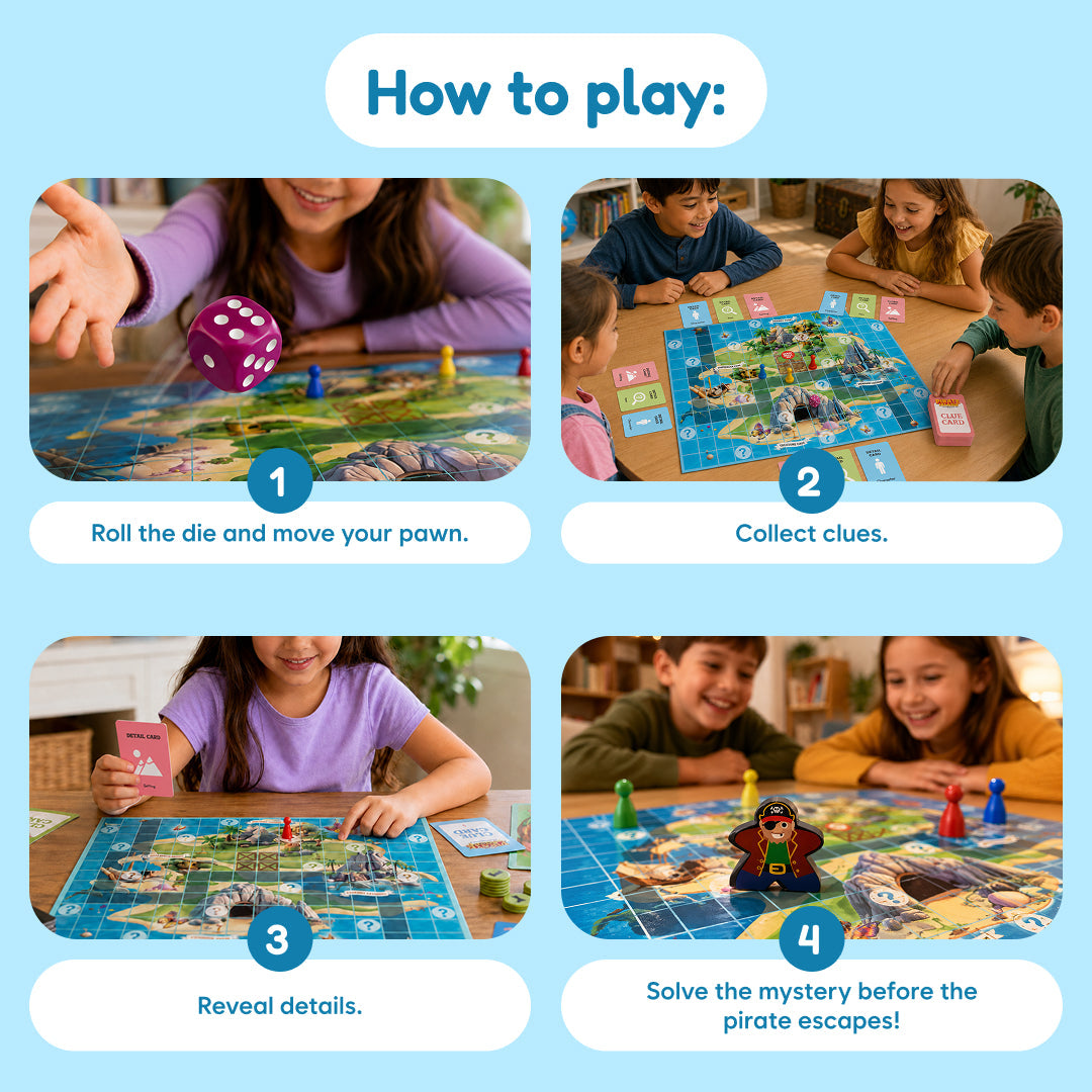 Pirate Island board game by The Fidget Games; 4-step play with dice, clue cards and island map on Tampa Home & Garden Store