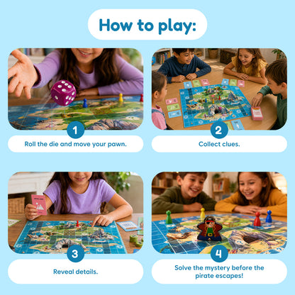 Pirate Island board game by The Fidget Games; 4-step play with dice, clue cards and island map on Tampa Home & Garden Store