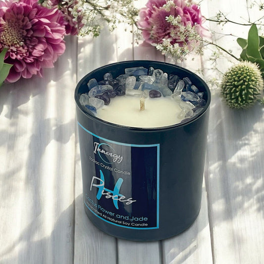 Pisces Zodiac Crystal Candle with Kyanite, Amethyst, and Crystal Quartz | Coconut-Soy Wax Candle, 9oz - Tampa Home & Garden Store
