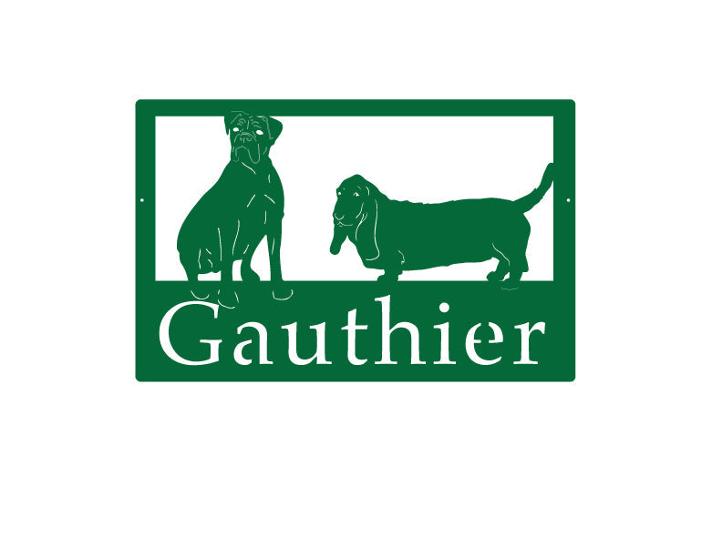 Custom metal address sign with green frame and two dog silhouettes Gauthier on Tampa Home & Garden Store