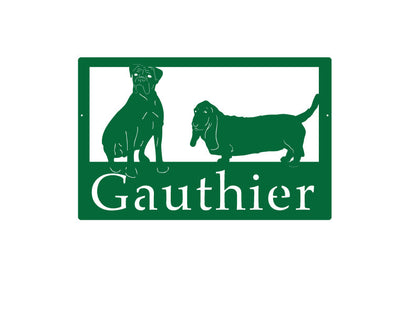 Custom metal address sign with green frame and two dog silhouettes Gauthier on Tampa Home & Garden Store