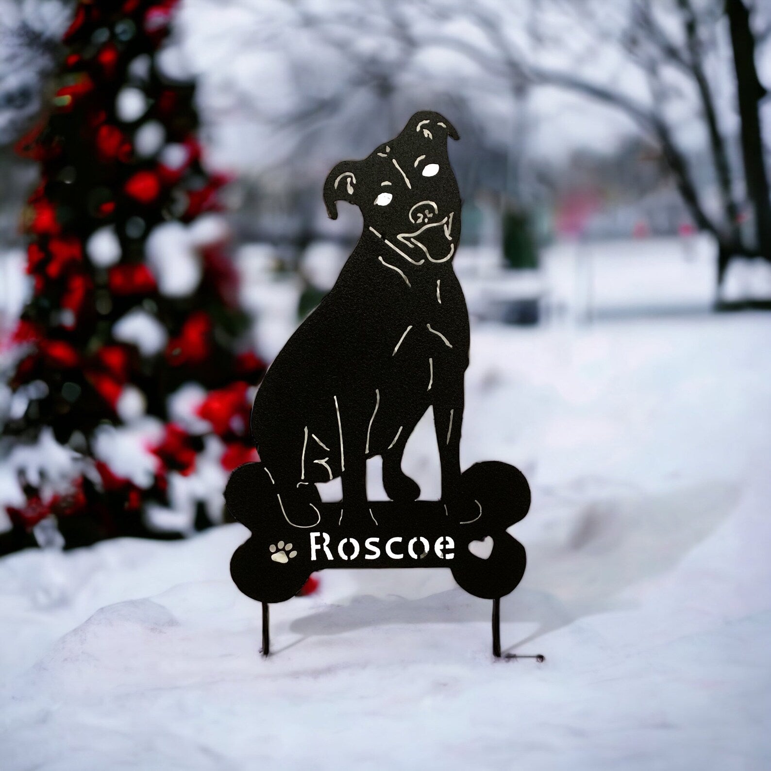 Pit Bull garden statue metal silhouette with Roscoe name cutout, black finish on Tampa Home & Garden Store