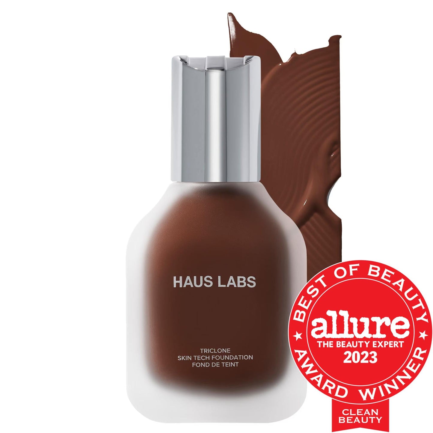 Triclone Skin Tech Foundation bottle by Haus Labs with silver pump, rich brown shade on Tampa Home & Garden Store