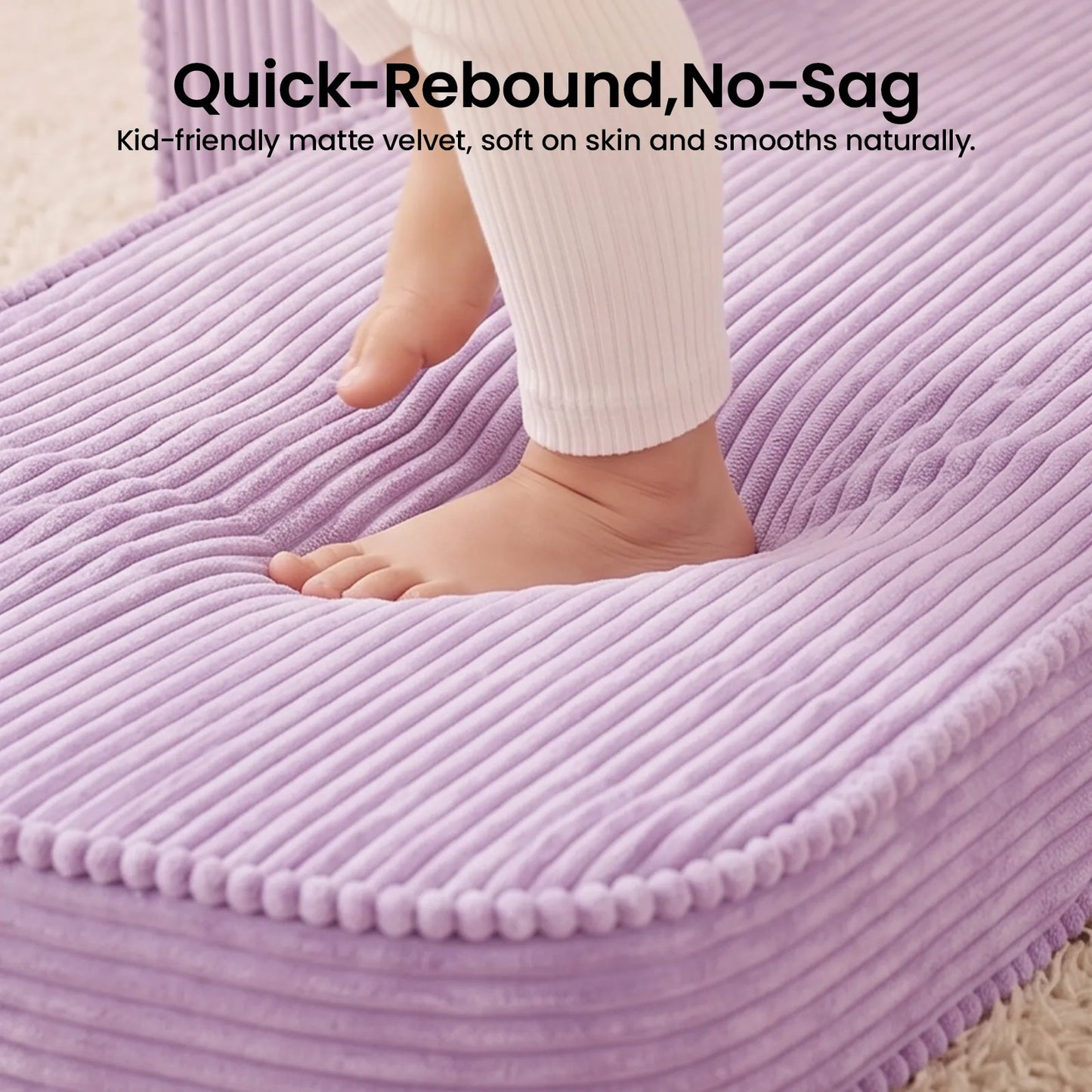 Tiny Land GentleSnug Corduroy Kid Chair lavender corduroy closeup with a child's foot on it on Tampa Home & Garden Store