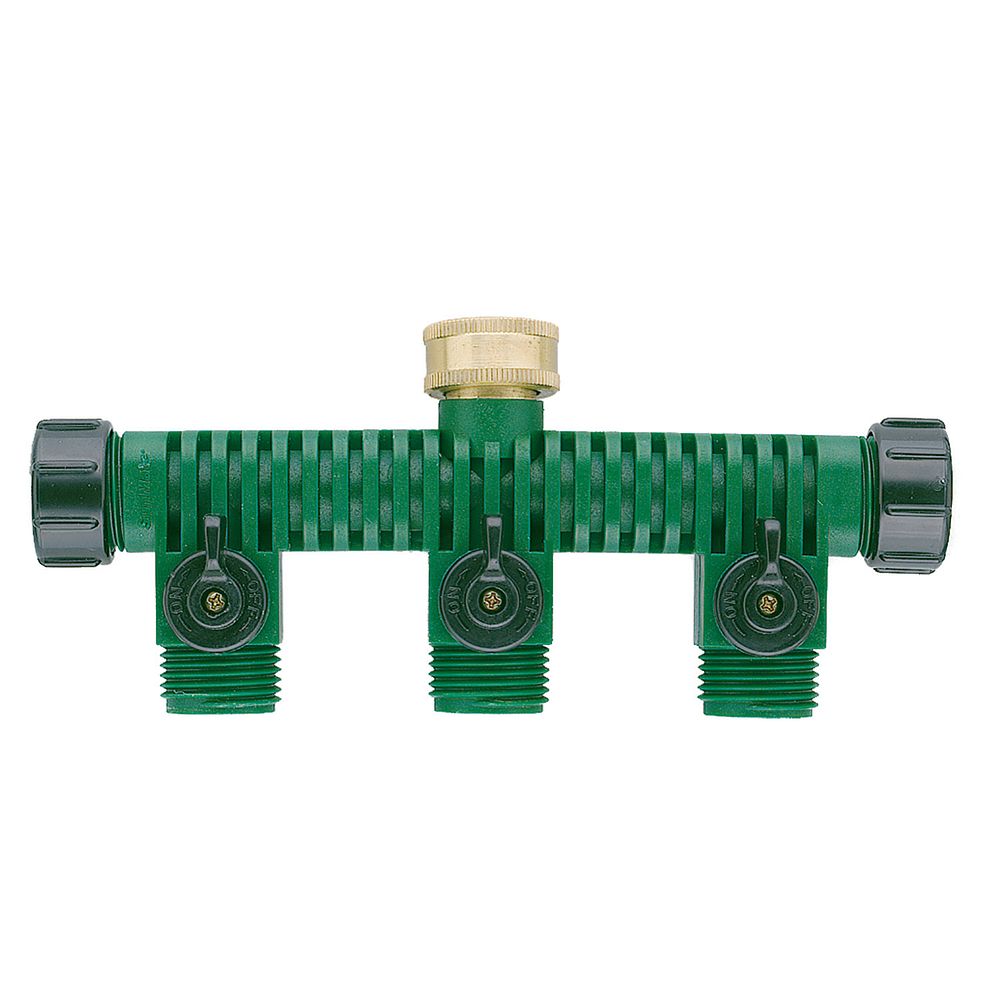 Plastic 5-way manifold with 3 shut-off valves by Orbit Irrigation, green hose-end fittings on Tampa Home & Garden Store