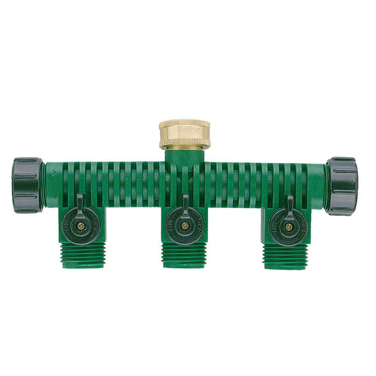 Plastic 5-way manifold with 3 shut-off valves by Orbit Irrigation, green hose-end fittings on Tampa Home & Garden Store