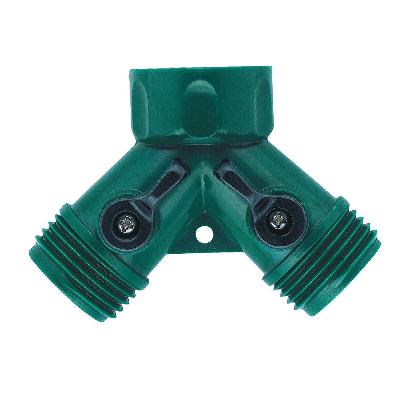 Plastic 2-Way Shut-Off Hose Y Adapter Orbit Irrigation, green with dual threaded outlets on Tampa Home & Garden Store