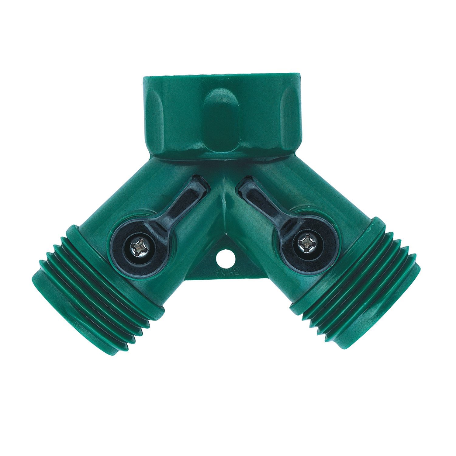 Plastic 2-Way Shut-Off Hose Y Adapter Orbit Irrigation, green with dual threaded outlets on Tampa Home & Garden Store