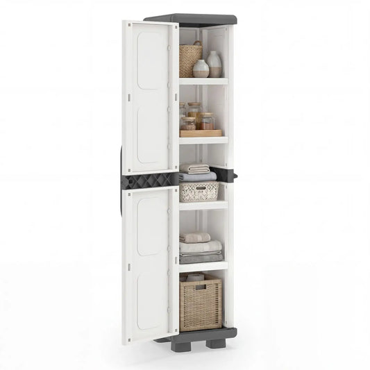Plastic pantry by DirectDeals with 4 adjustable shelves, white tall cabinet with gray base on Tampa Home & Garden Store