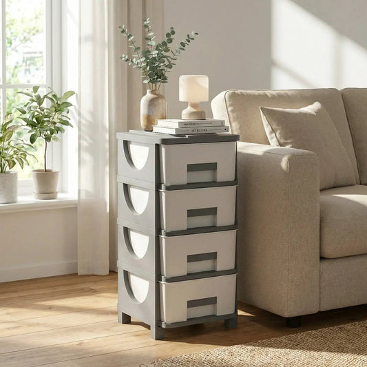 Plastic storage organizer with five gray drawers, compact side table beside beige sofa on Tampa Home & Garden Store