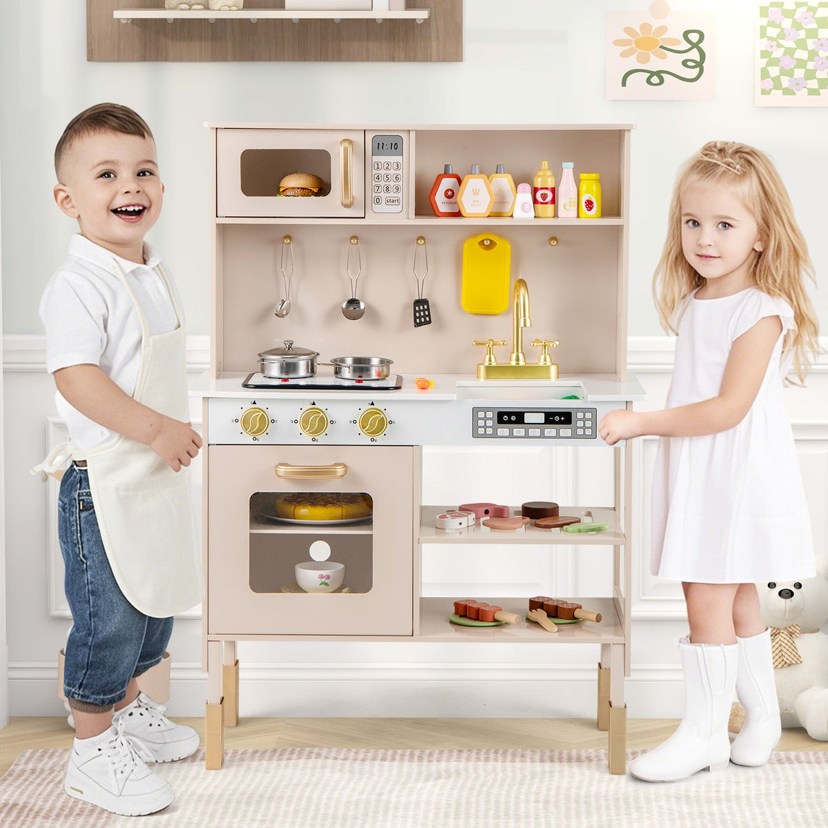 Play Kitchen Height Adjustable Microwave and Lights-Pink kitchen with stove and sink on Tampa Home & Garden Store