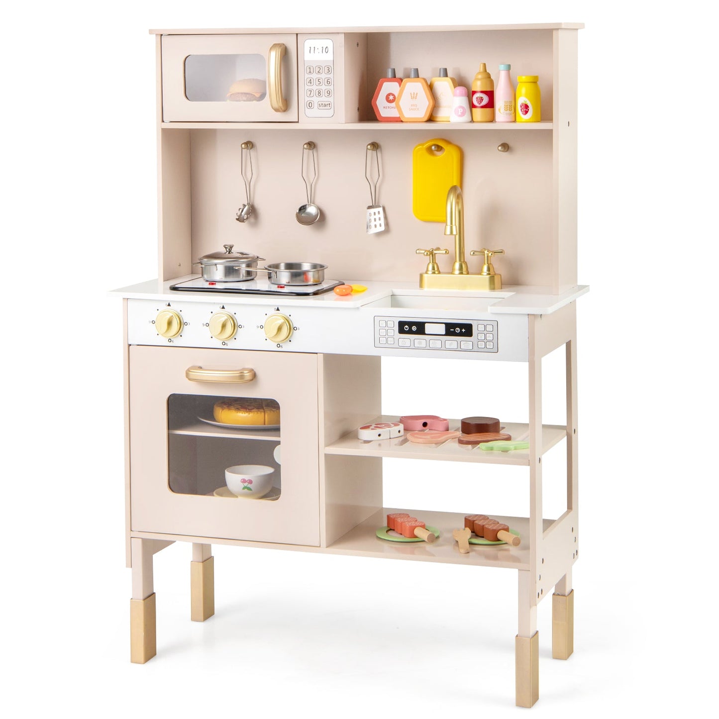 Pink play kitchen height-adjustable with microwave, pots on stove and gold faucet on Tampa Home & Garden Store