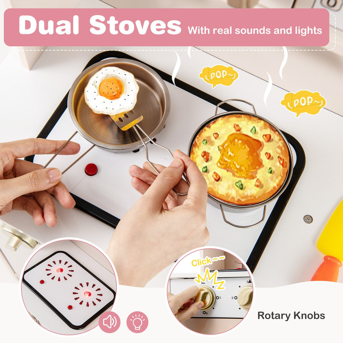Play Kitchen height adjustable with microwave, lights and sounds pink dual stoves on Tampa Home & Garden Store