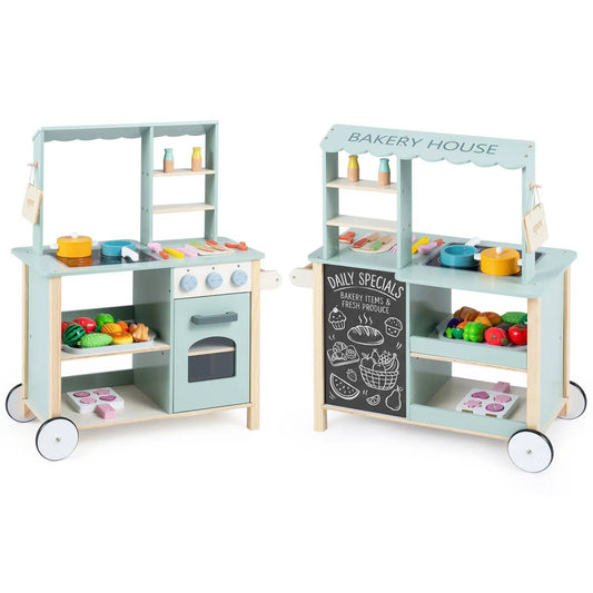 Wooden kitchen playset with cookware accessories, pastel blue, dual cooking stations on Tampa Home & Garden Store