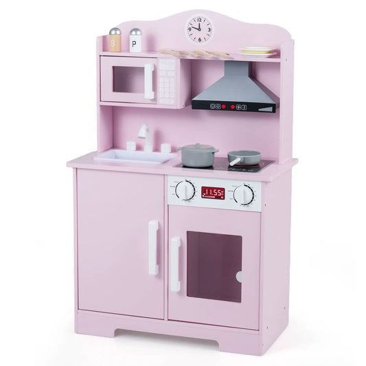 Wooden pink play kitchen set with microwave, range hood and oven by DirectDeals on Tampa Home & Garden Store