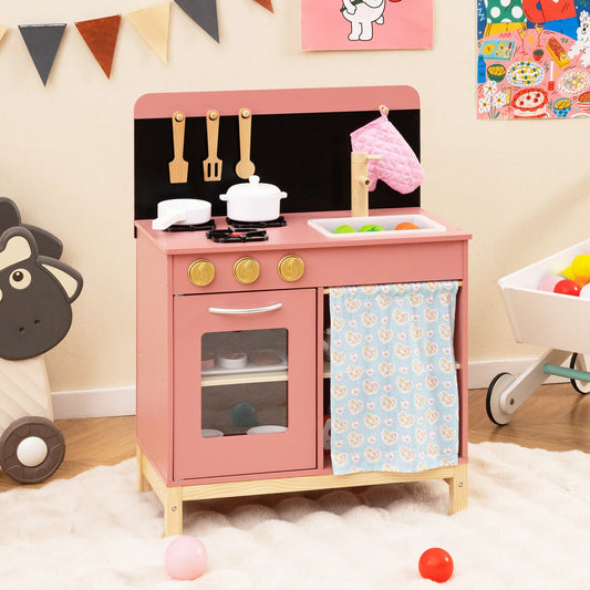 Play Kitchen for Kids Wooden Kitchen Playset with Door Curtain-Pink - Tampa Home & Garden Store