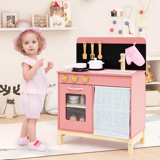 Play Kitchen for Kids Wooden Kitchen Playset with Door Curtain-Pink - Tampa Home & Garden Store