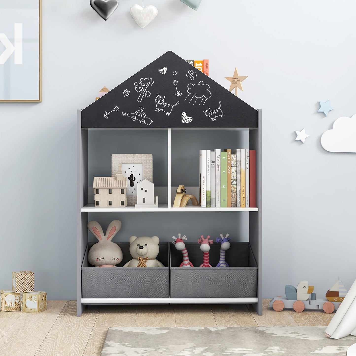 Playhouse Kids Bookshelf with Chalkboard and Whiteboard for 3-6 Years