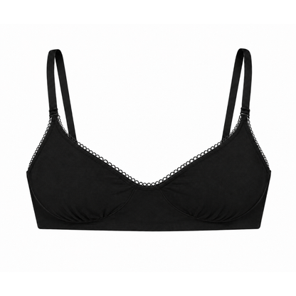 Wireless Plunge Bralette Net Positive organic cotton black bra with decorative loop trim on Tampa Home & Garden Store