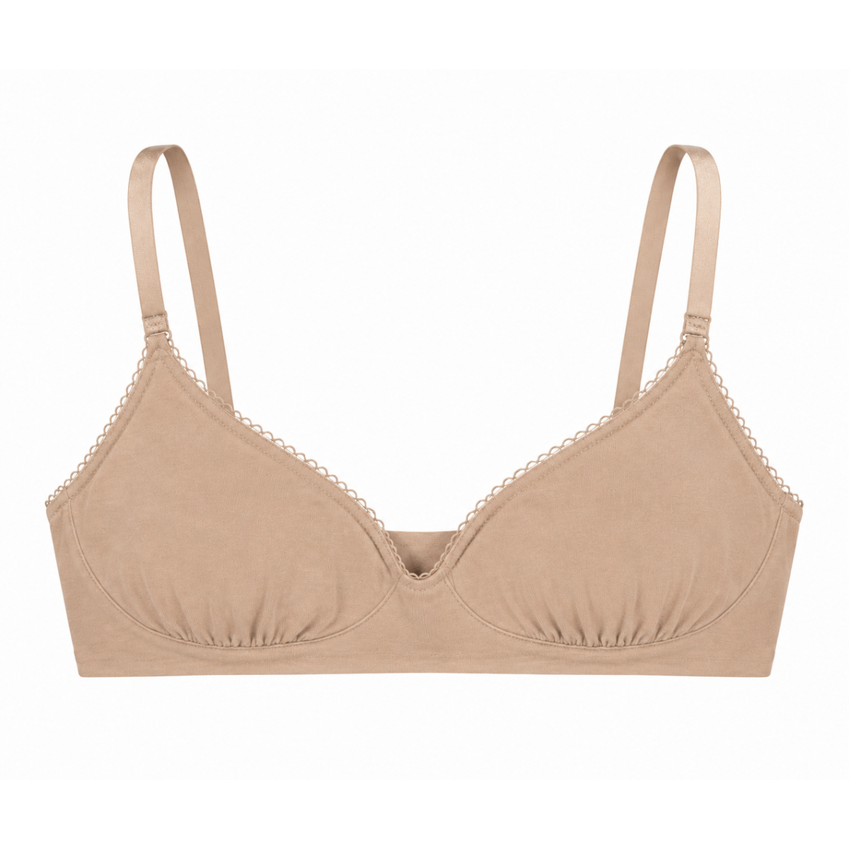 Wireless plunge bralette in nude organic cotton with scalloped trim by Net Positive bras on Tampa Home and Garden Store