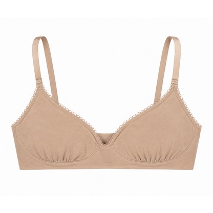 Wireless plunge bralette in nude organic cotton with scalloped trim by Net Positive bras on Tampa Home and Garden Store