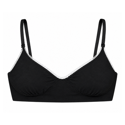 Wireless Plunge Bralette in black organic cotton with white lace trim Net Positive on Tampa Home & Garden Store