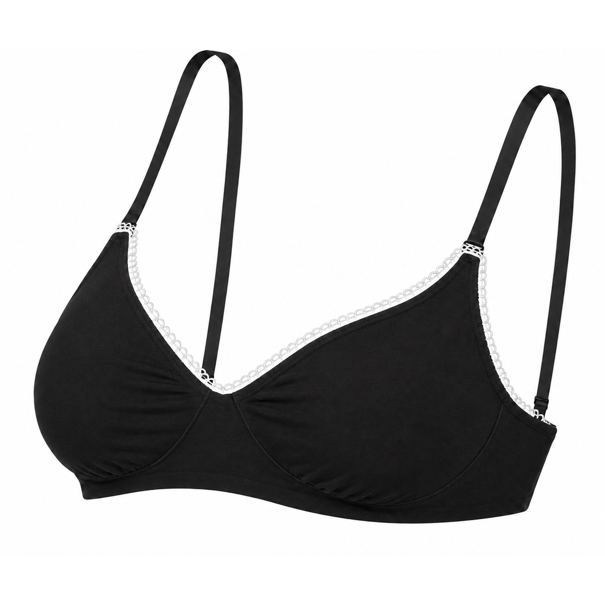 Wireless plunge bralette black organic cotton Net Positive with white lace trim on Tampa Home & Garden Store