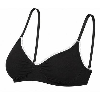 Wireless plunge bralette black organic cotton Net Positive with white lace trim on Tampa Home & Garden Store